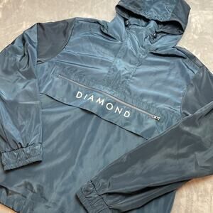 Diamond Supply Windbreaker Jacket Mens XL Navy 1/4 Zip Hooded Logo Skater